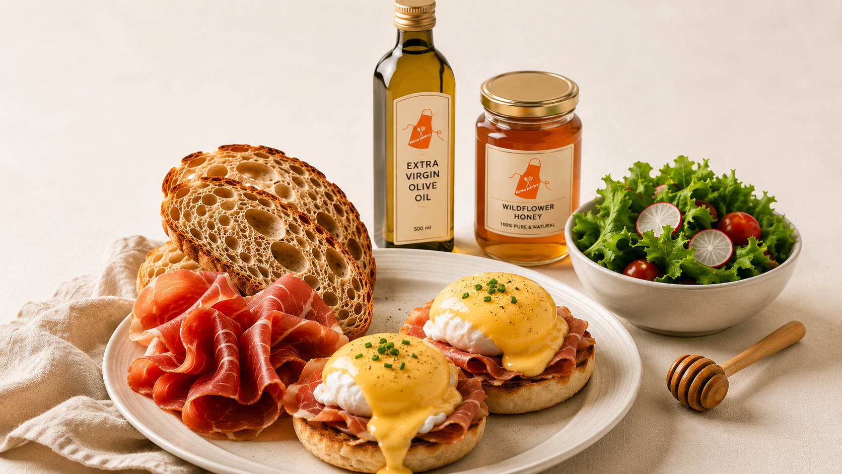 Home Pantry breakfast ingredients with bread, ham, eggs, honey, olive oil, and salad